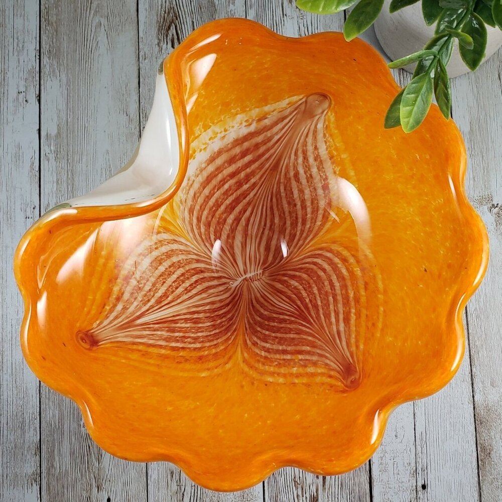 Orange Cased Art Glass Bowl Flower Petal Design Scalloped Edge Folded 9? Ashtray